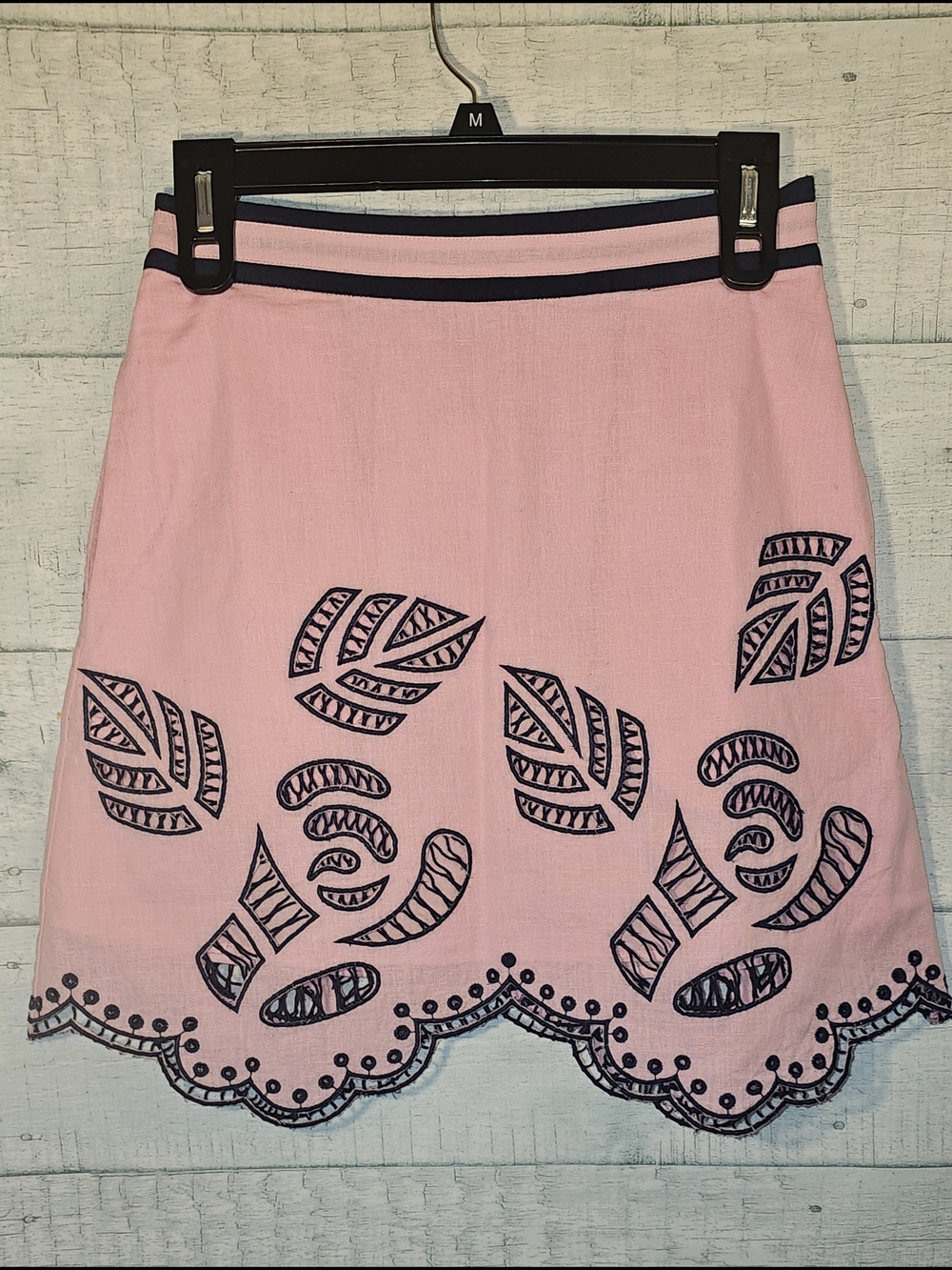 Never A Wallflower Pink Embroidered Scallop-Hem Mini Skirt with Navy Trim Size S